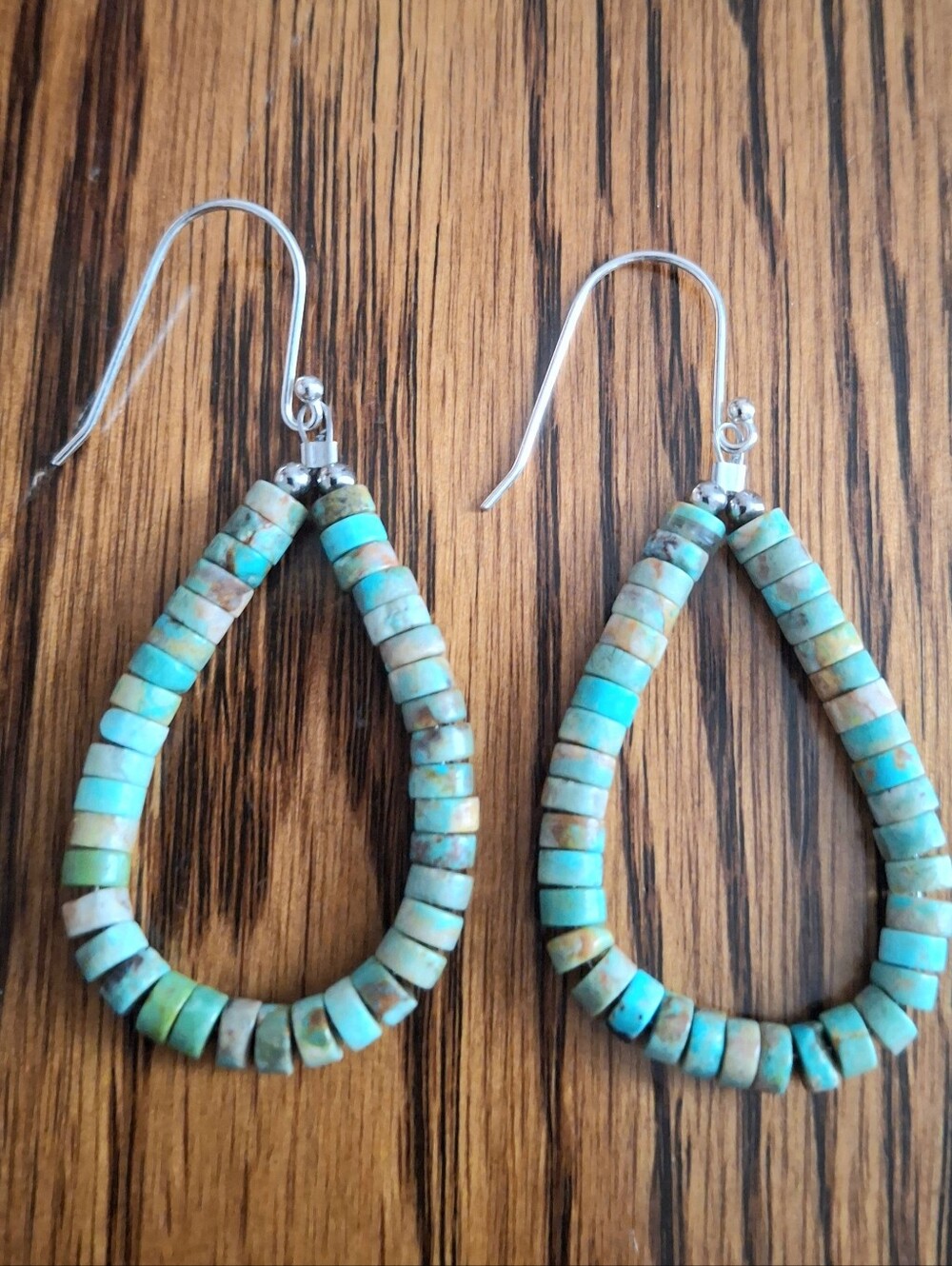 Heishi Nevada Green Turquoise Hoop Earrings Sterling Silver Handmade - Picture 1 of 4